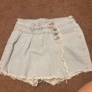 Light Blue Denim Mini Skort with Frayed Hem
